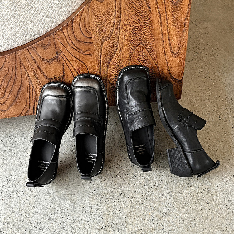 Women's Spring Round Head Chunky Slip-on Cowhide Women's Fashion Shoes
