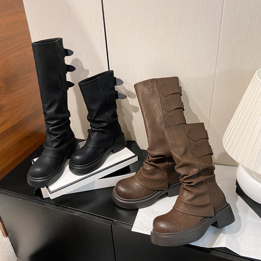 Women's Pipe Pleated Below The Knee Knight Boots