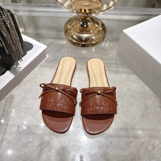 Quality Summer Electric Embroidery Rattan Plaid Bow Open Toe Flat Slippers