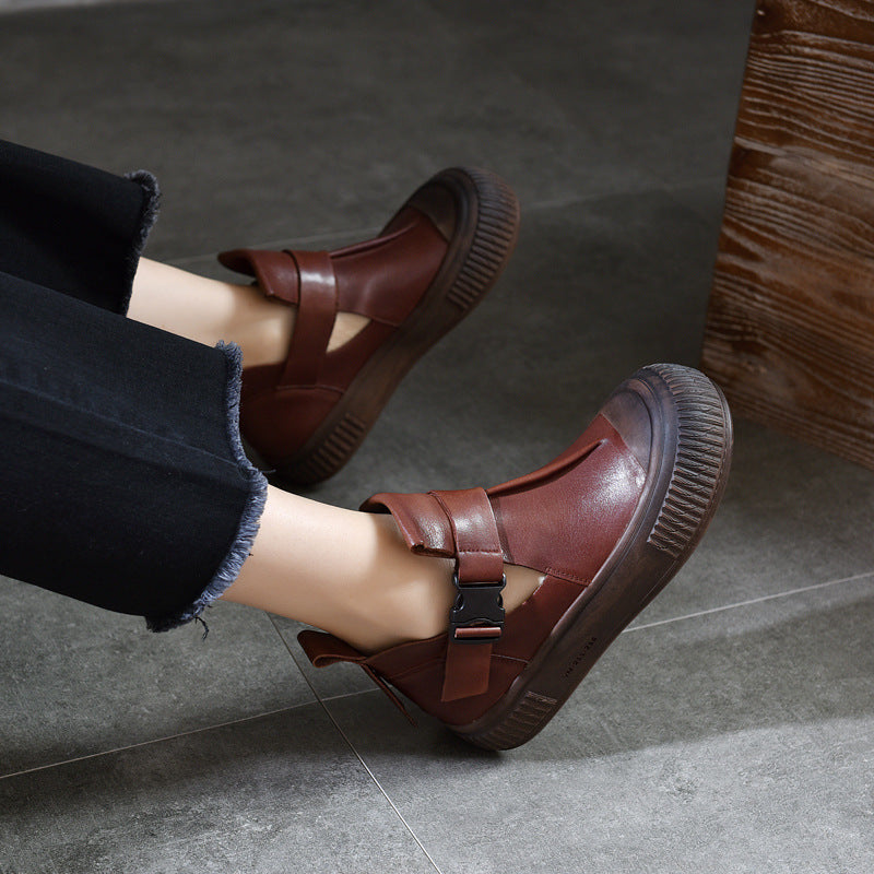 Women's First Layer Cowhide Pumps Soft Bottom Round Casual Shoes