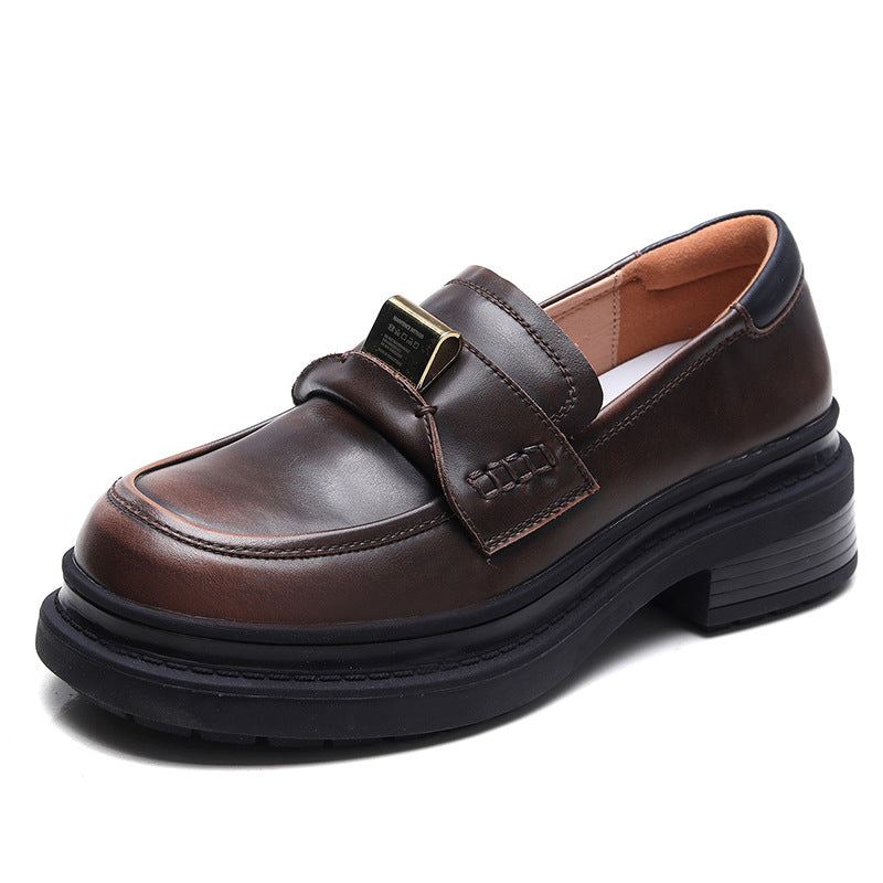 Women's French Style Temperament Pumps Round Head Chunky Brown Leather Shoes