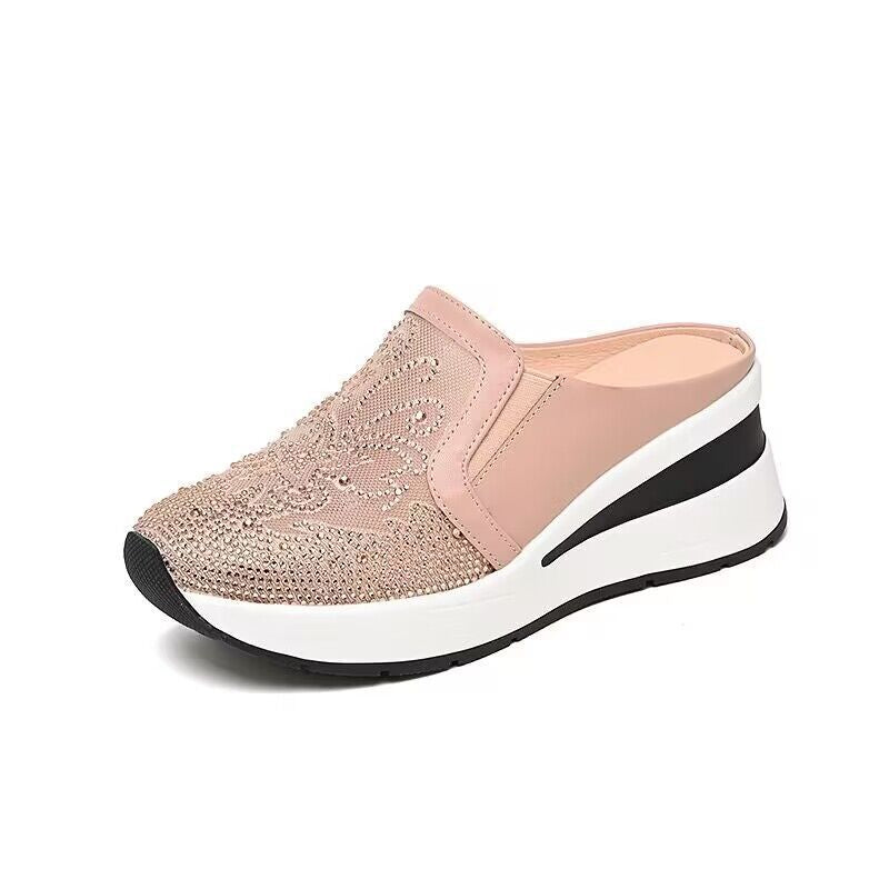 Women's Versatile Half Thick Bottom Mesh Breathable Rhinestone High Thick-soles Slippers