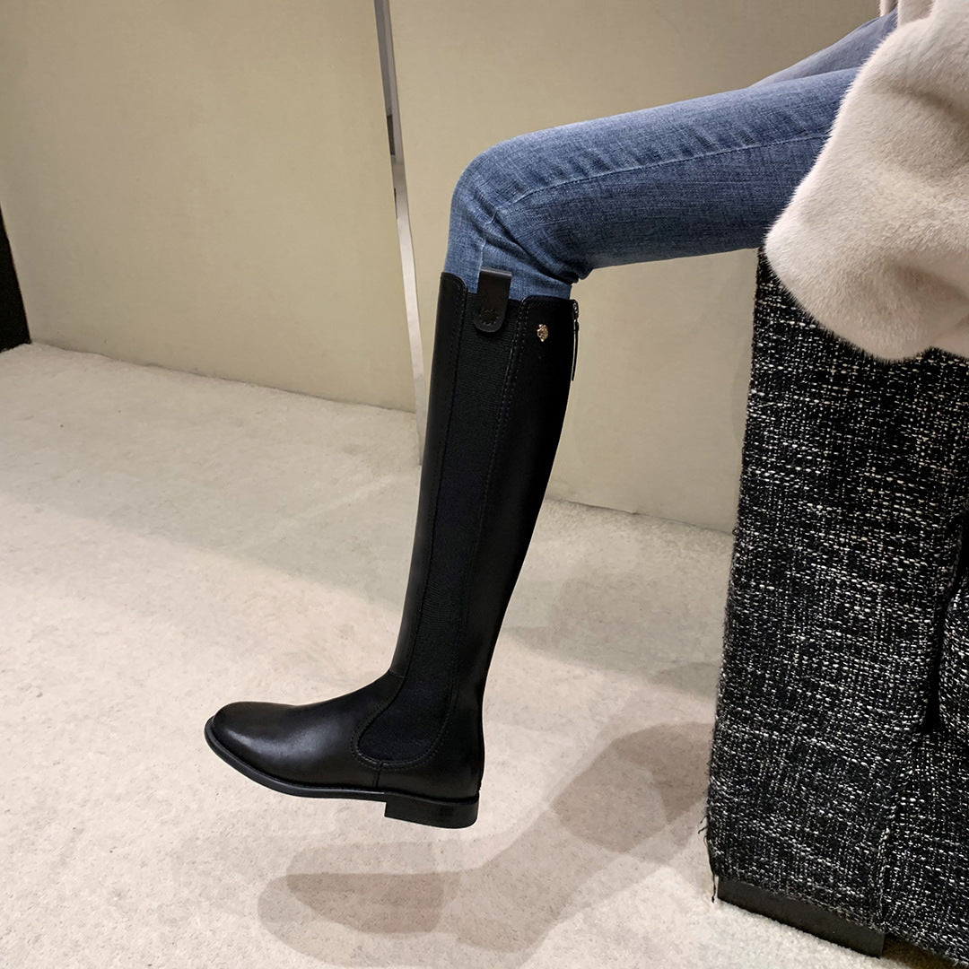 Version Autumn Round Head Stretch Back Zipper Women's Leather Boots