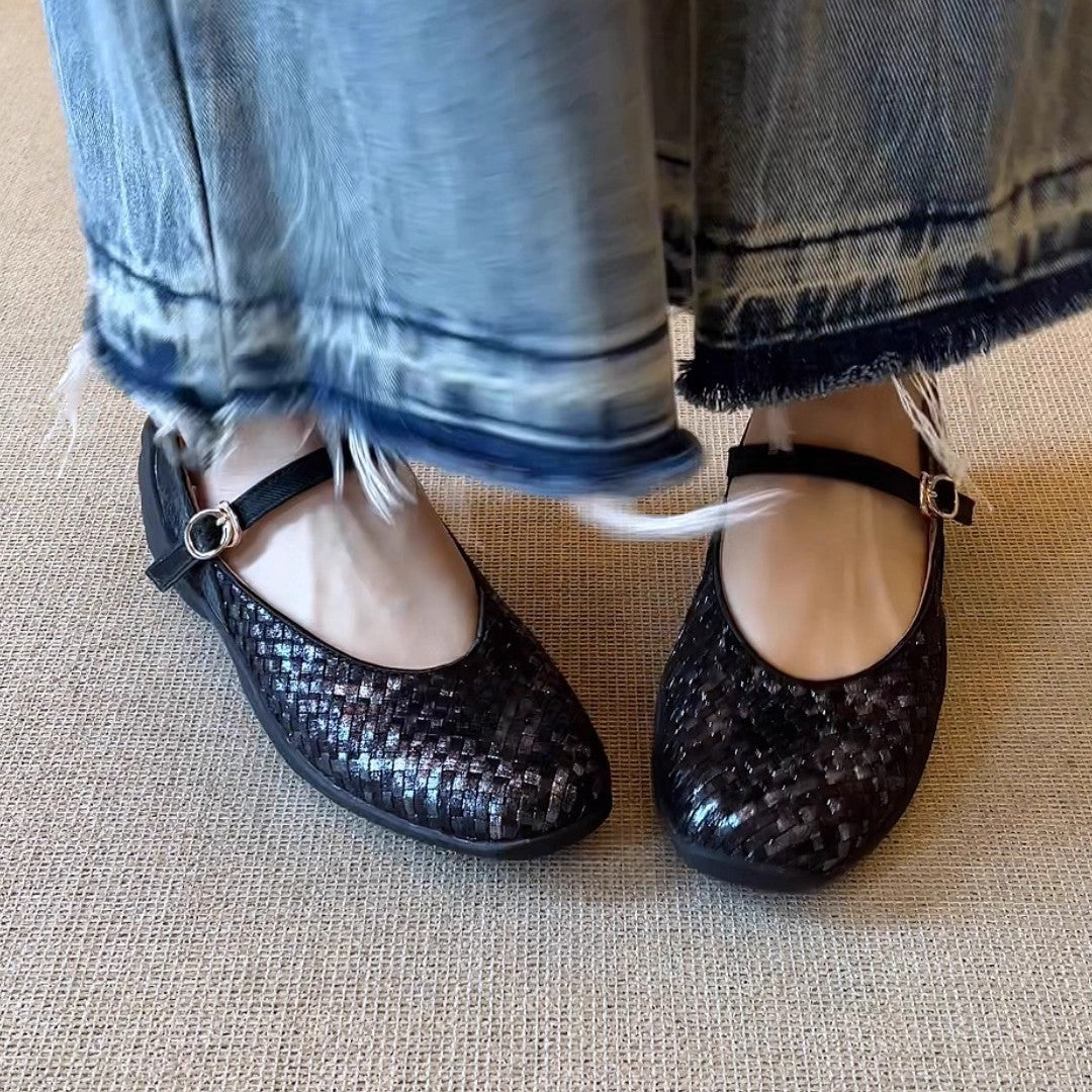 Round Head Woven Shallow Mouth With Sports Style Thick Bottom Women's Casual Shoes