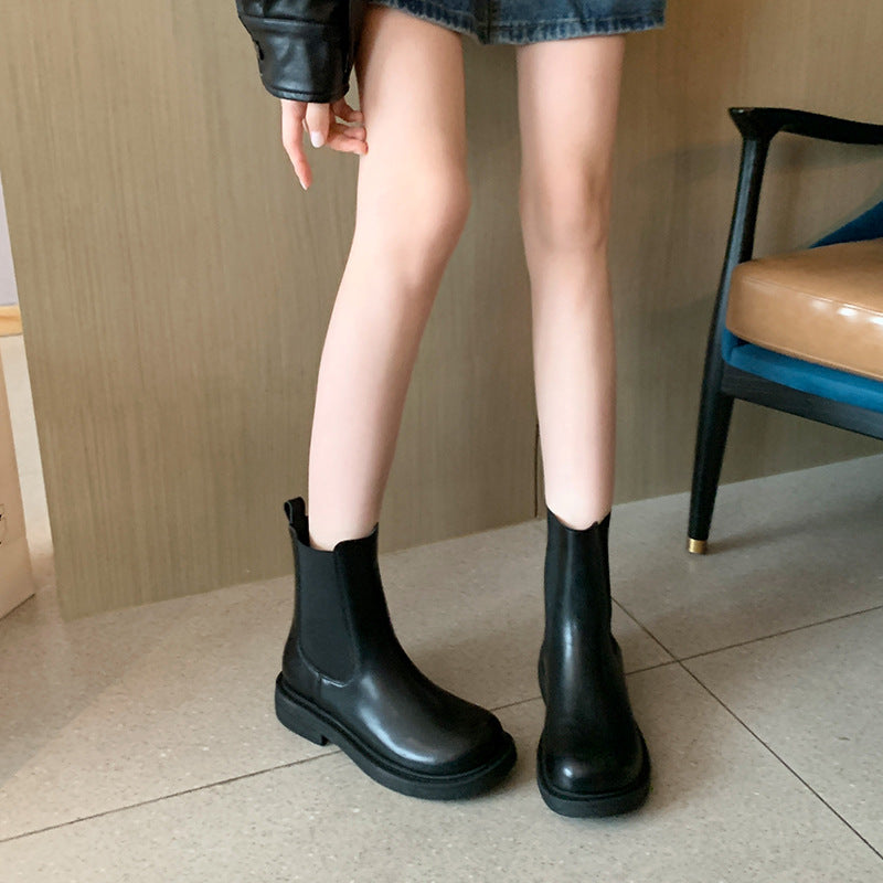 Women's Chelsea Flat Smoke Pipe British Style Martin Thick Leg Women's Leather Boots
