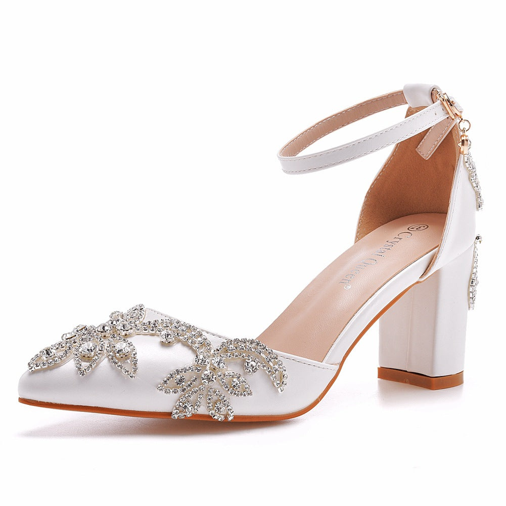 Women's Chunky Pointed Toe Square Root Rhinestone Wedding Heels