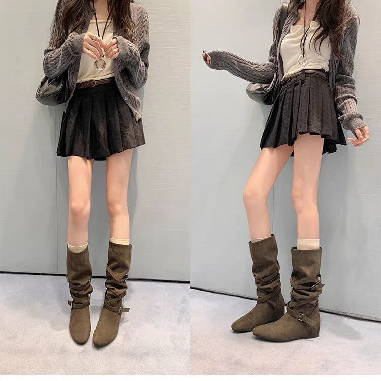 Pile Style Height Increasing Insole Buckle Length Loose Socks Women's Leather Boots