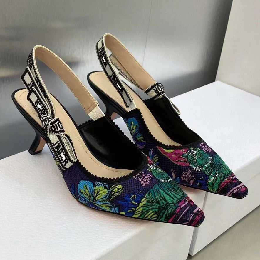 Tiger Embroidered Summer Bow Cat Closed Toe High Heeled Sandals