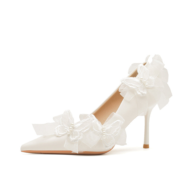 Women's Sheepskin High Stiletto Pointed Toe Elegant White Lace Wedding Women's Fashion Shoes