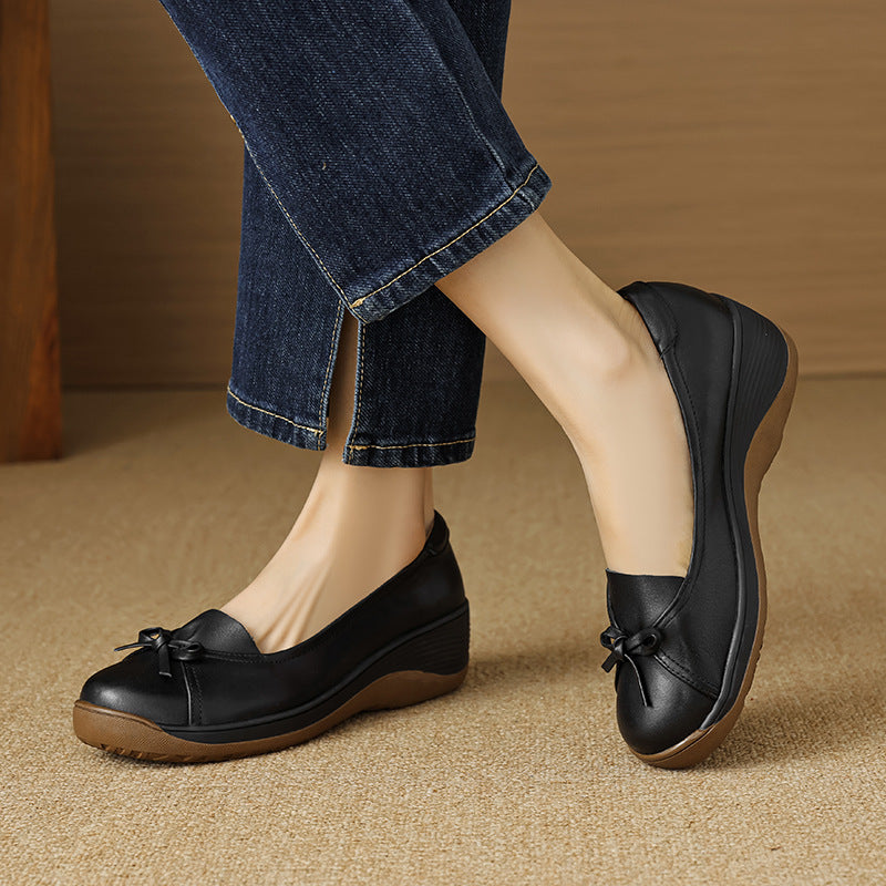 Shallow Mouth Pumps Mom Genuine Wedge Comfortable Soft Bottom Mid Heels