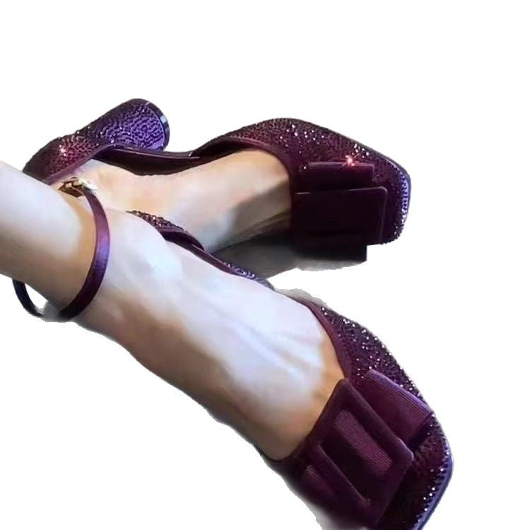 Grape Mom Bowknot Closed Toe Female Square Hollow Strap Buckle High Heeled Sandals
