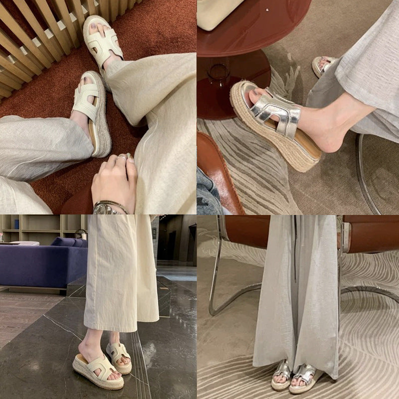 Small Size Height Increasing Insole Retro Wide Word Thick-soles Slippers