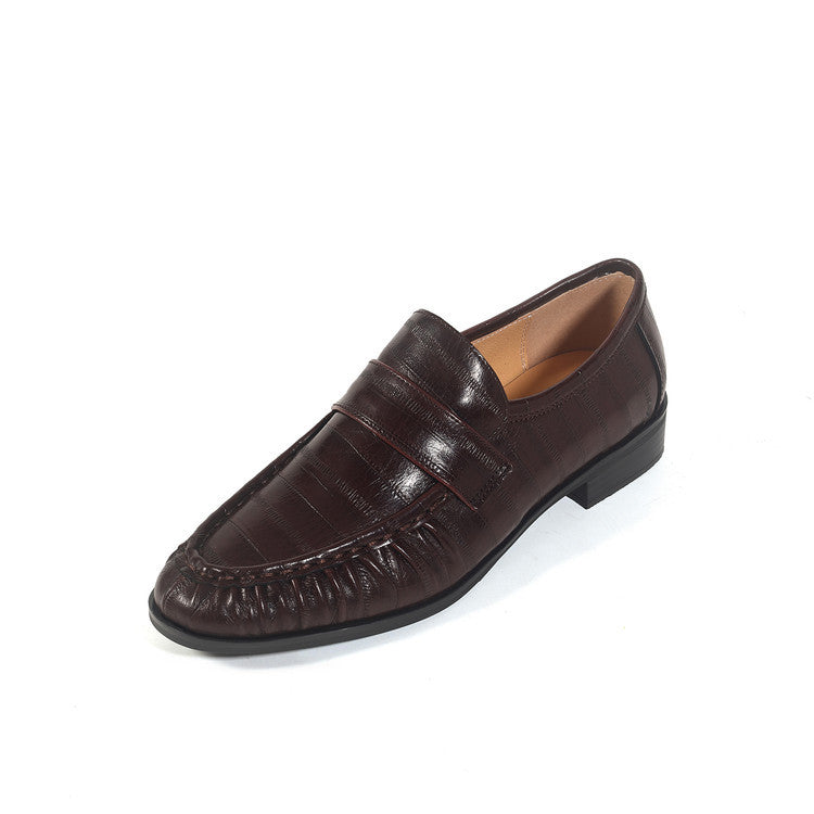 Women's Spring Genuine Inside Outside Round Toe Slip-on Thick Mid Deep Loafers