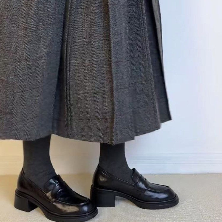 Women's Retro Chunky Slip-on Round Toe Pumps Genuine Loafers