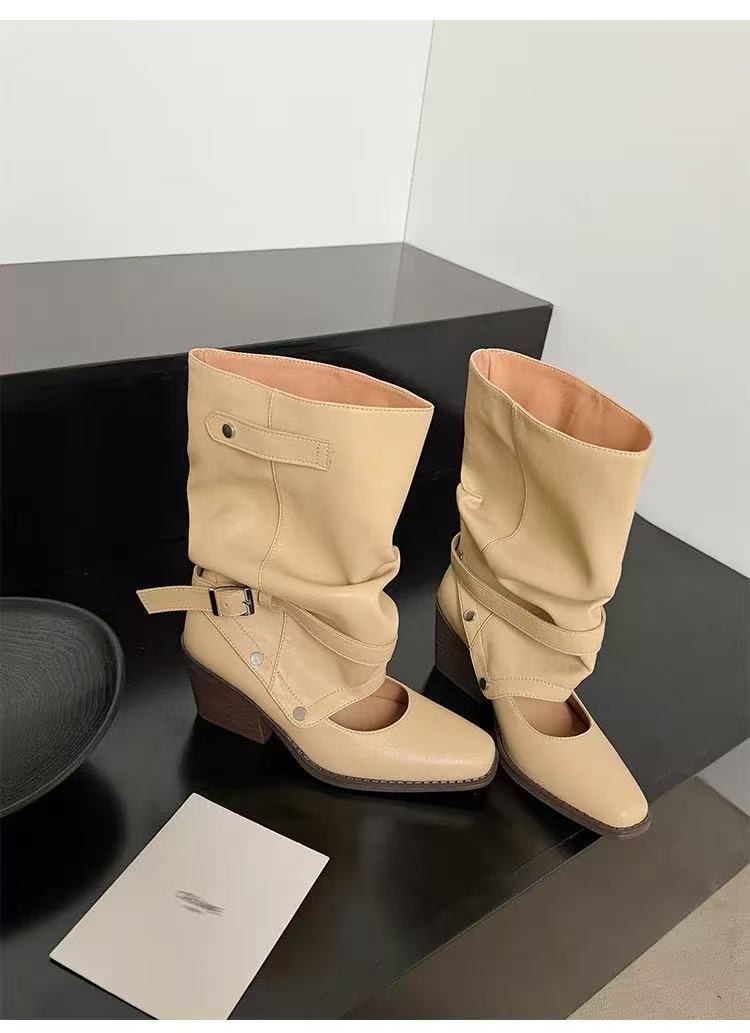 Women's Western Cowboy Pleated Pile Pants Pipe Black Round Retro Women's Leather Boots