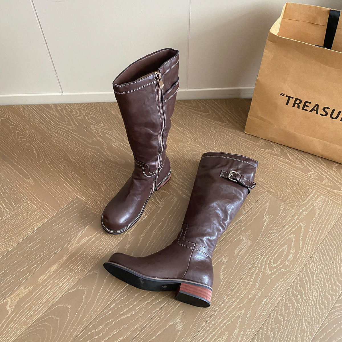 Washed Fleece-lined Below The Knee Thick Bottom Knight Female Retro Boots