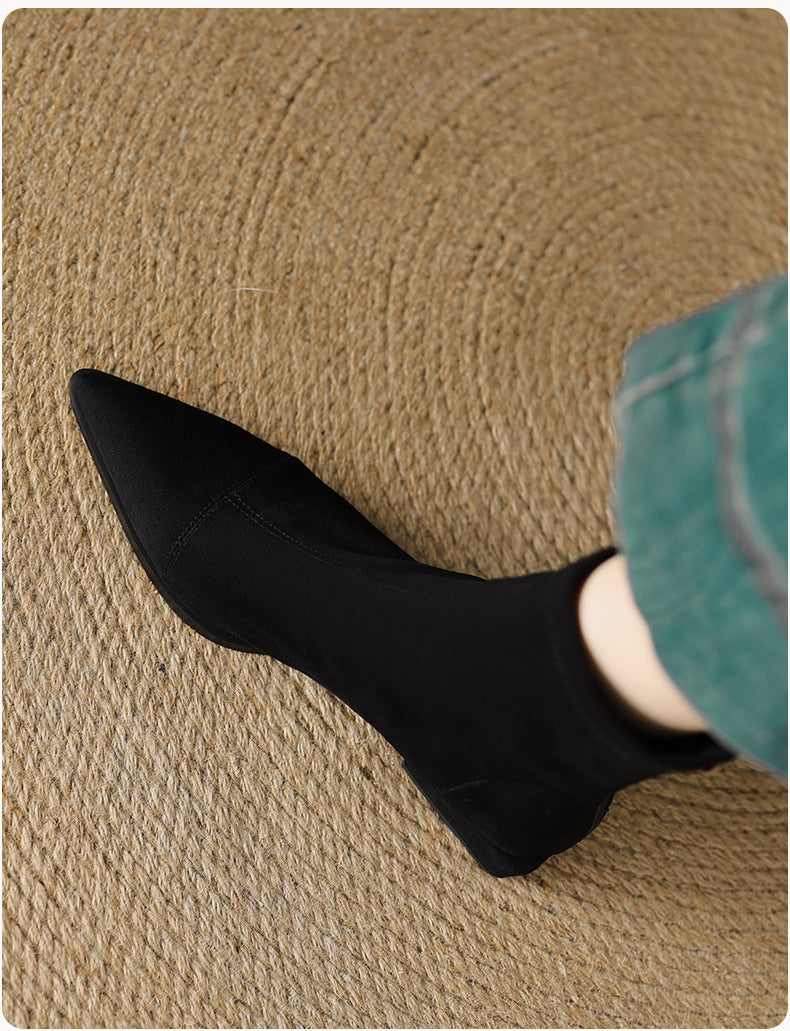 Women's Pointed Toe Stretch Thin Low Suede Chunky Back Women's Leather Boots