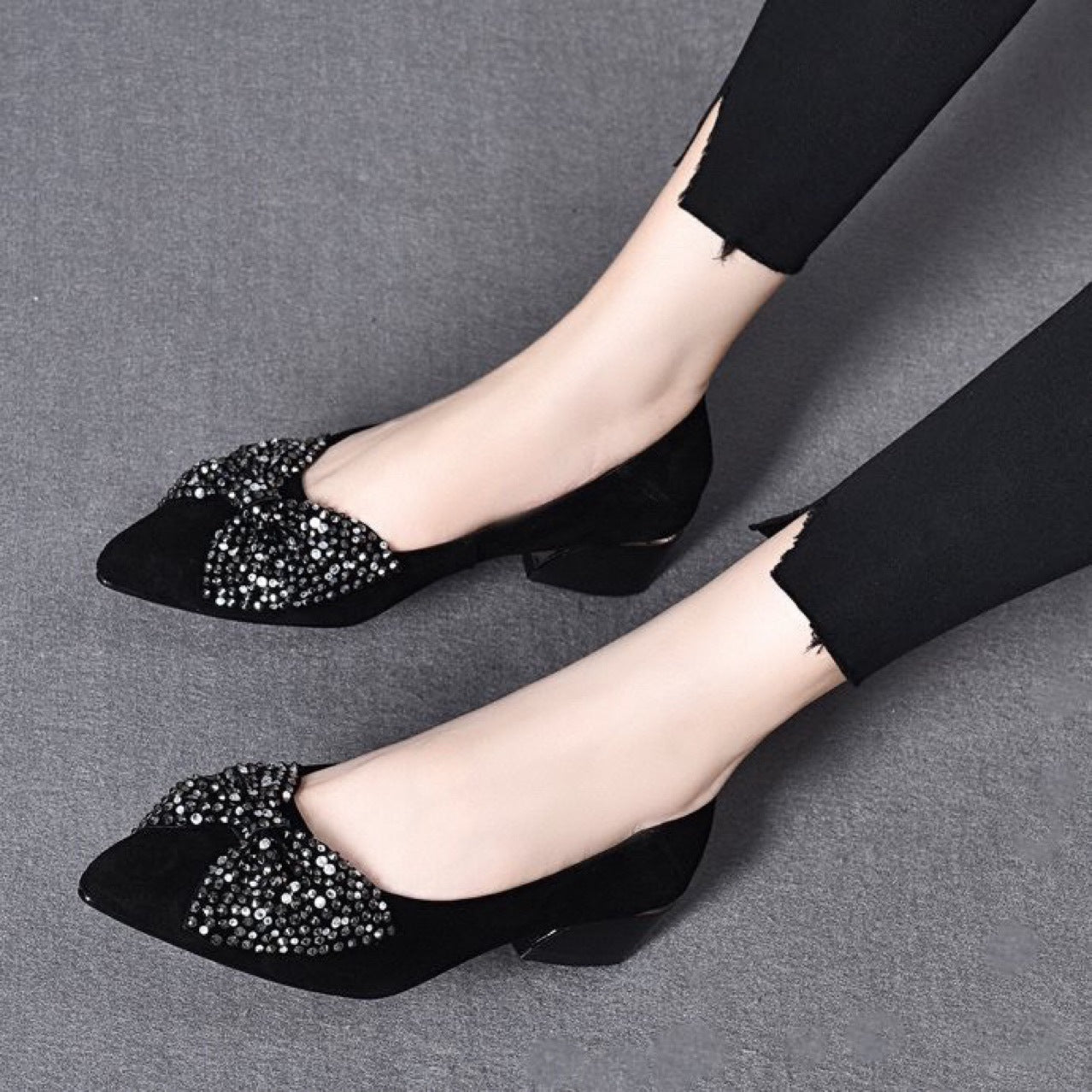 Rhinestone Bow Shallow Mouth Pumps Four Small Women's Shoes