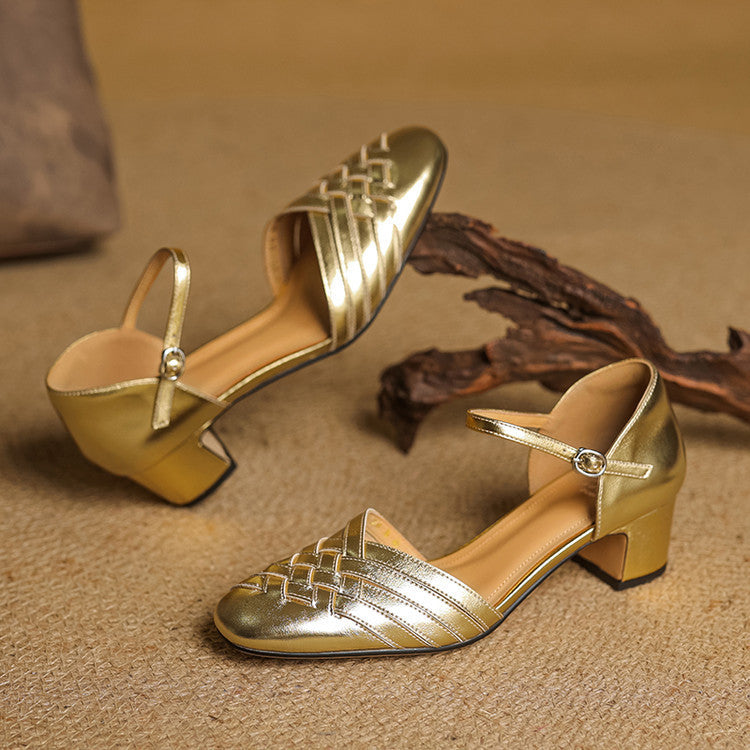 Women's Style Woven Closed Toe Hollowed Summer Round Buckle High Heeled Sandals