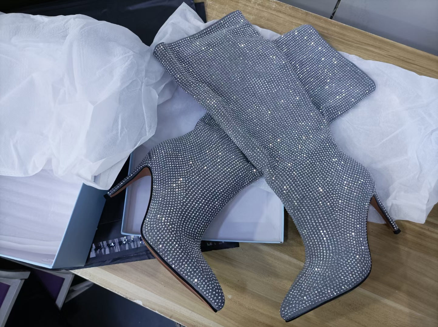 Women's Sky Rhinestone Pointed Toe Stiletto Knee-length Large Boots