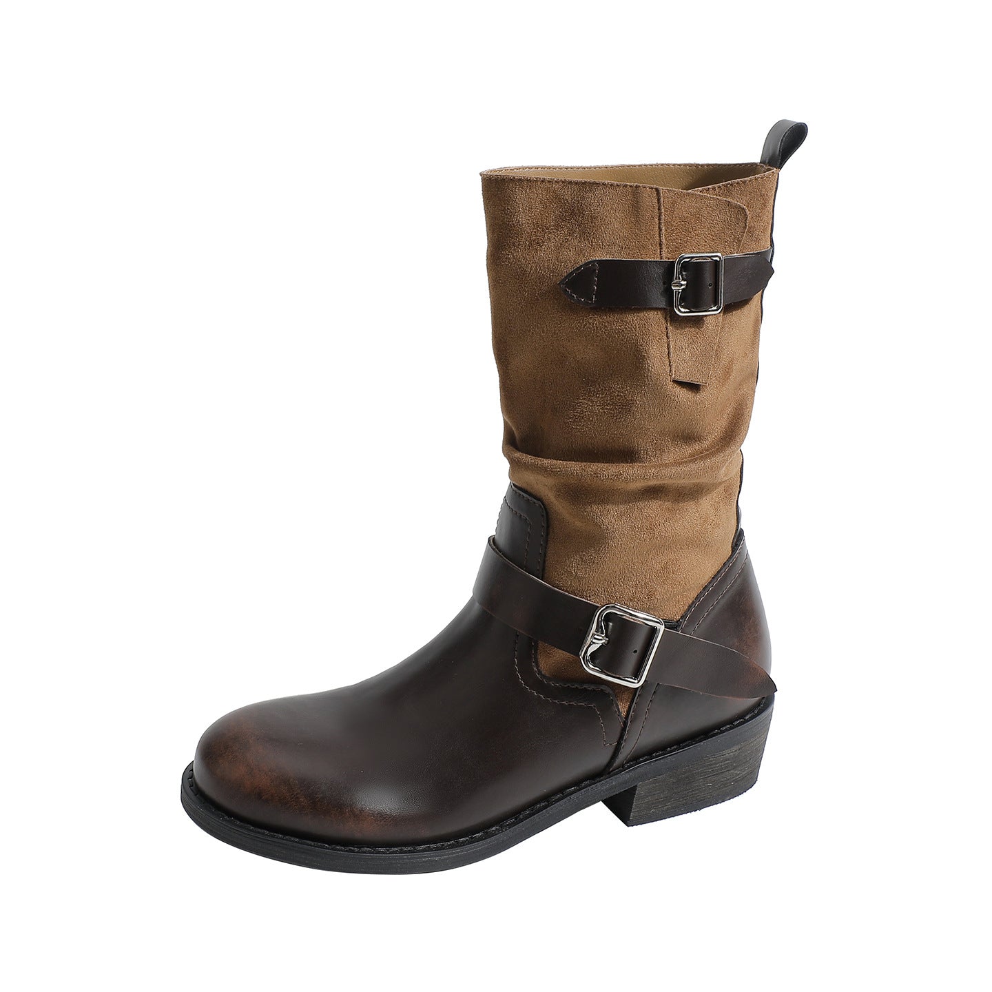 Women's Retro Distressed Brushed Fashion Thick Bottom Chunky Knight Belt Buckle Boots