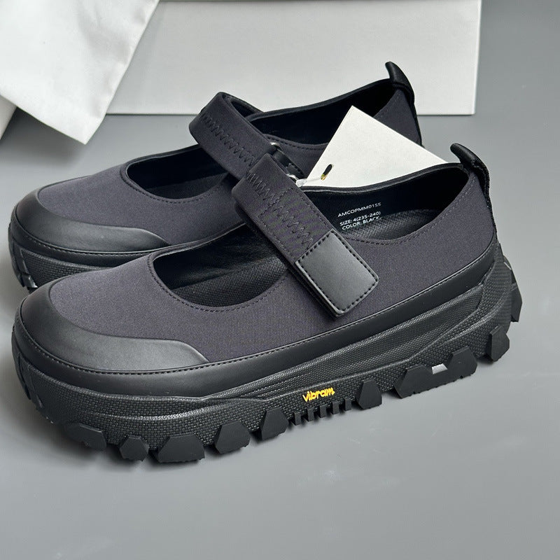 Thick Bottom Mary Jane Little Man Gospel Black Velcro Outdoor Women's Casual Shoes