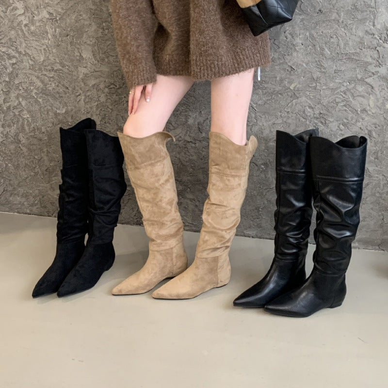 Women's Pointed Pleated Pile Style For Height Increasing Insole Elegant Slimming Boots