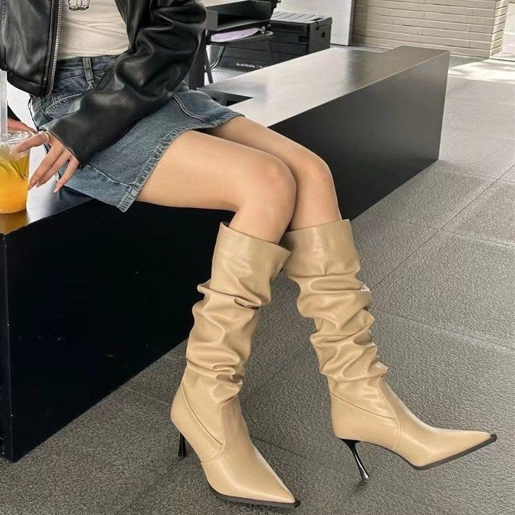 Women's Pleated High Autumn Stiletto Pile Style Boots