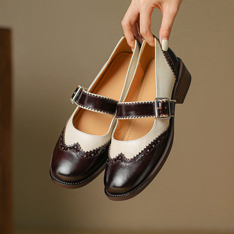 Women's Autumn Square Toe Mary Jane Burnt Leather Shoes