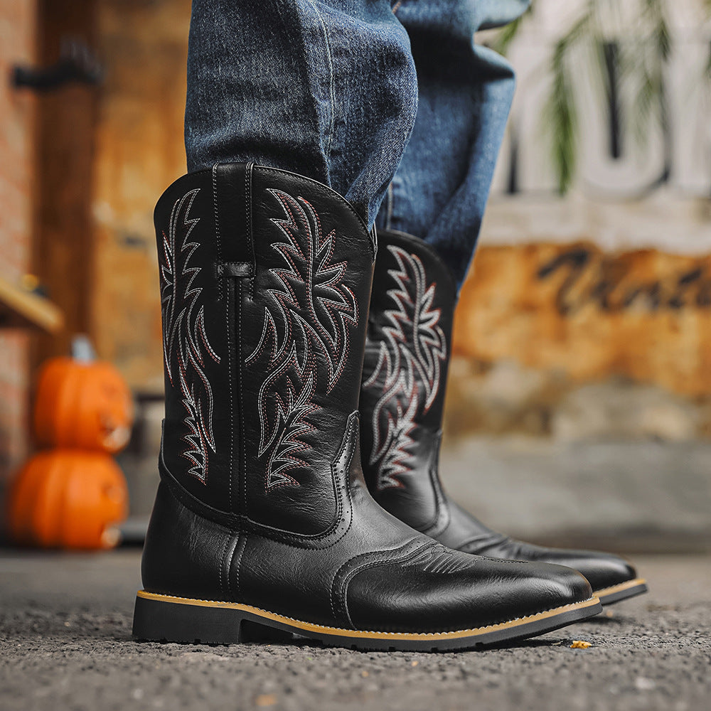 High Embroidered Retro Wide Head Western Cowboy Bags Packaging Without Men's Leather Boots