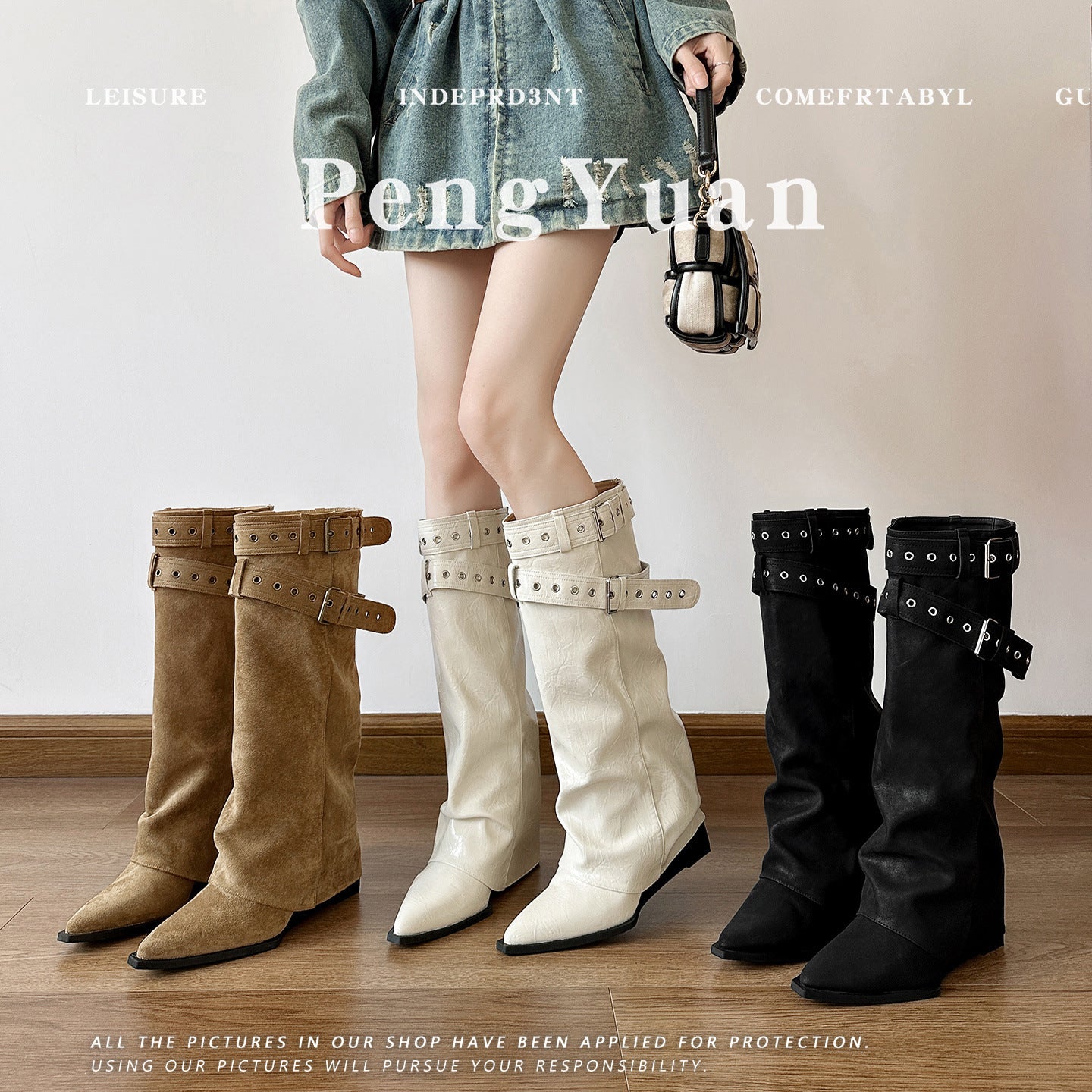 Women's Toe Thick Thin Autumn Pleated High Tube Heels