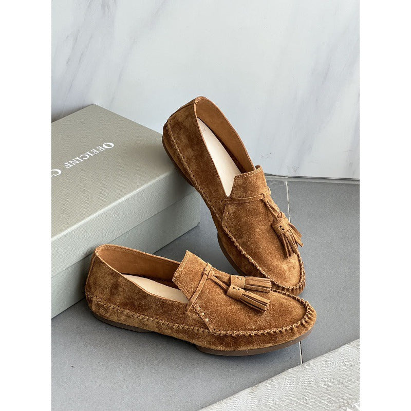 Women's Covered Ancient Tassel Genuine Suede Round Toe Soft Loafers/doug Shoes