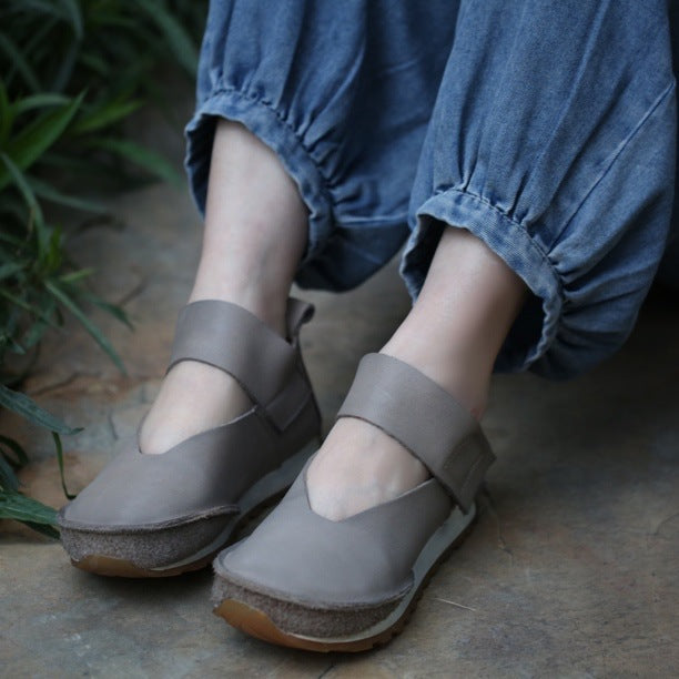 Women's Style Top Layer Cowhide V Cut Pumps Soft Back Thick Platform Sandals