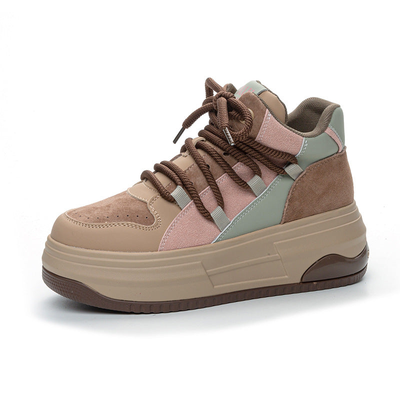 Women's Platform Muffin Height Increasing Insole Matte Cowhide Korean Fashion Sneakers