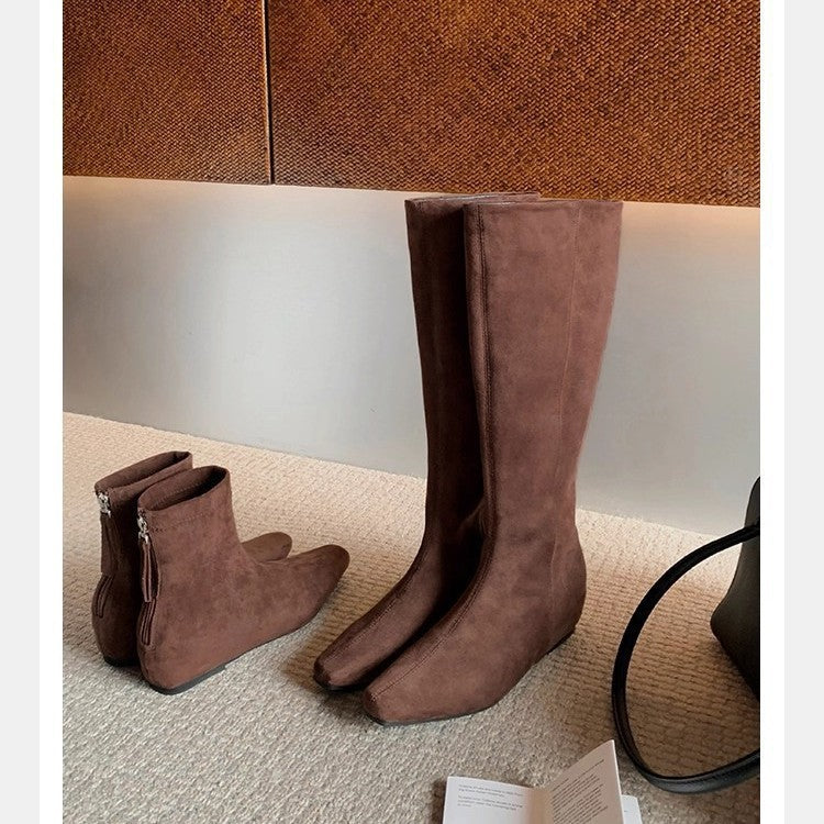 Version Height Increasing Insole Minimalist Square Toe Back Women's Leather Boots