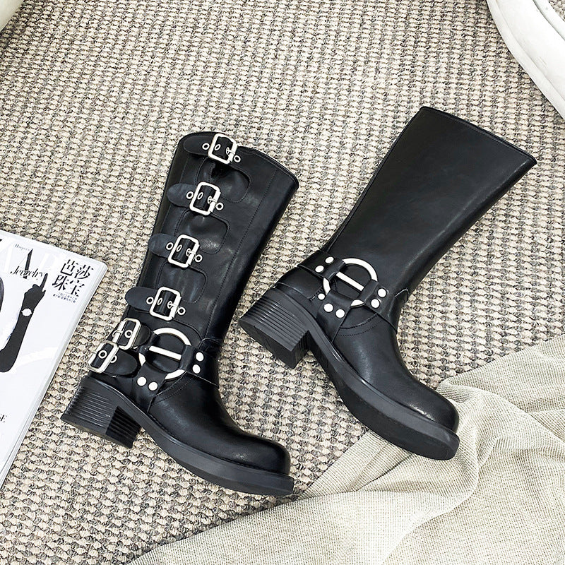 High Version Polished Genuine Knee-high Square Head Sleeve Boots