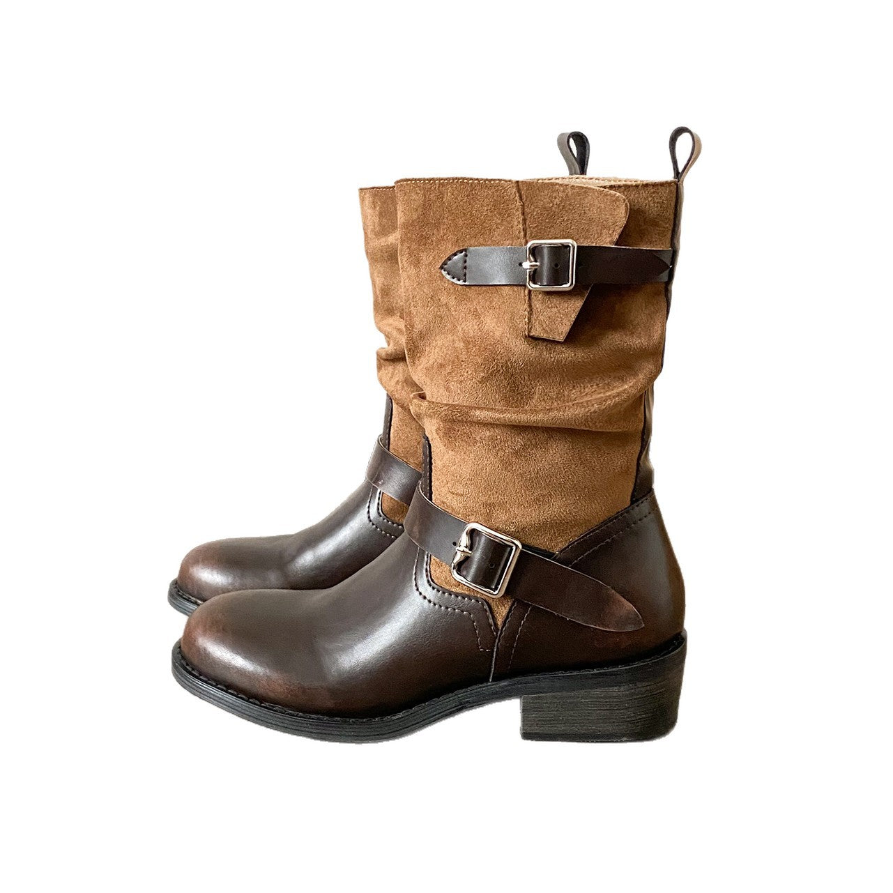 Women's Distressed Fashion Brushed Chunky Platform Knight Belt Buckle Length Loose Women's Leather Boots