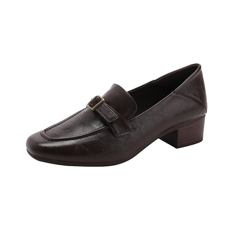 Women's Cowhide Square Toe Commuter Chunky French Pumps Loafers