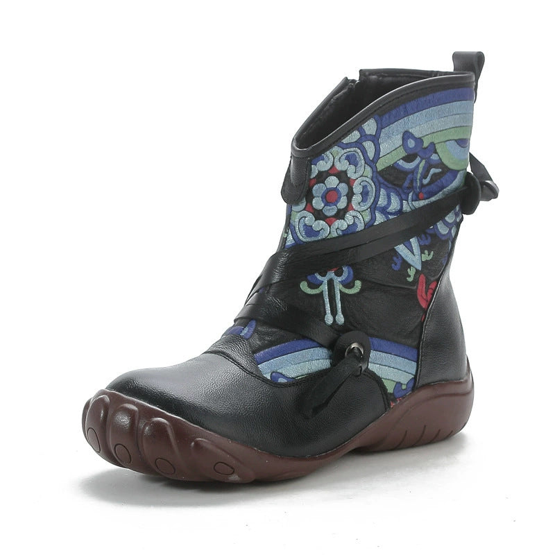 Women's First Layer Cowhide Outsole Winter Ethnic Print Fleece-lined Warm Women's Cotton Shoes