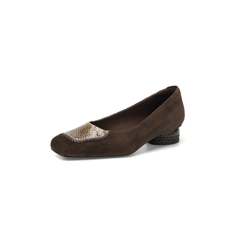 Women's French Entry Lux Snake Pattern Sheepskin Stitching Low Frosted Square Heels