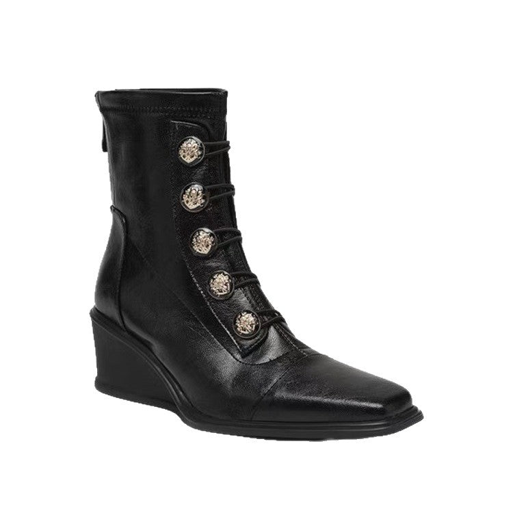 Handmade Mid French Style Retro Patchwork Square Women's Leather Boots