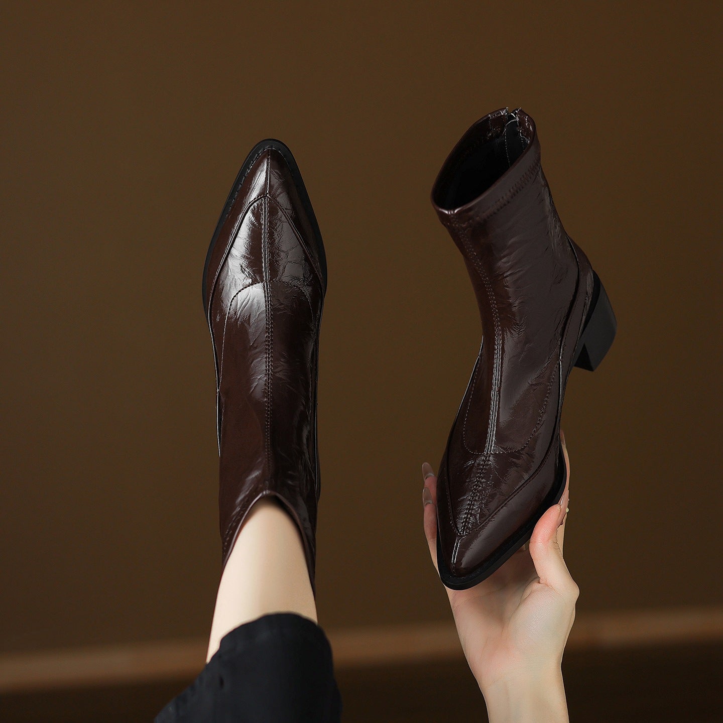 Large Size Retro Pointed Toe Chunky Booties Female Skinny Fashion Women's Leather Boots