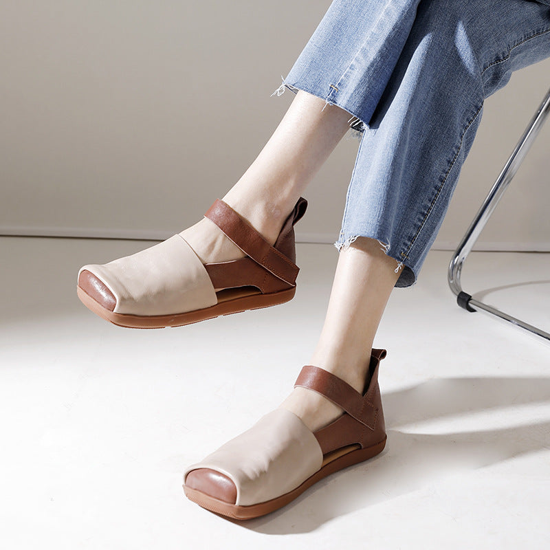 Women's Square Toe Soft Bottom Retro Genuine Flat Sandals