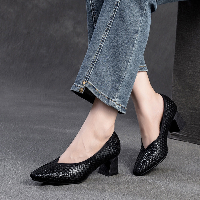 Weave Pointed Toe Low-heeled Shallow Mouth Casual Shoes