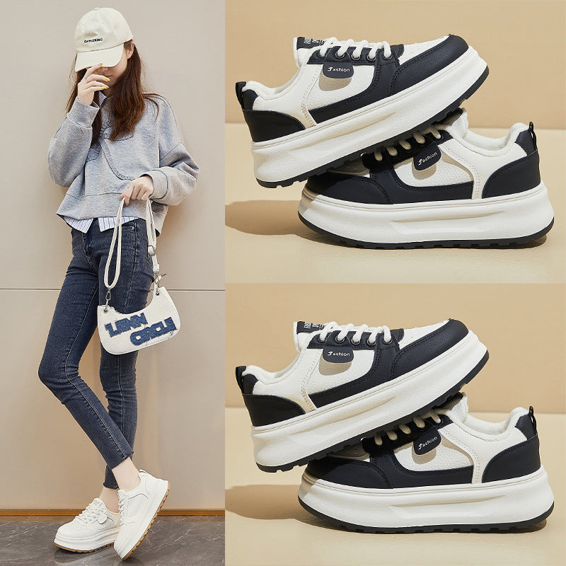 Women's Fleece-lined White Korean Style Platform Sports Board Casual Shoes