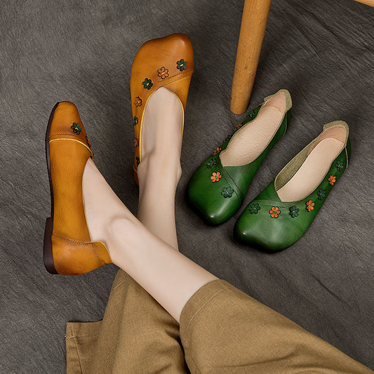 Women's Spring Genuine Flower Cowhide Fairy Style Flat Bottom Leather Shoes
