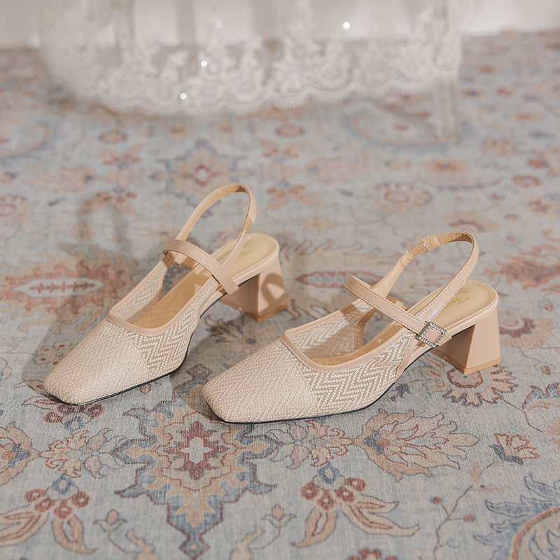 Women's Summer Mesh Breathable Chunky Square Toe Heels