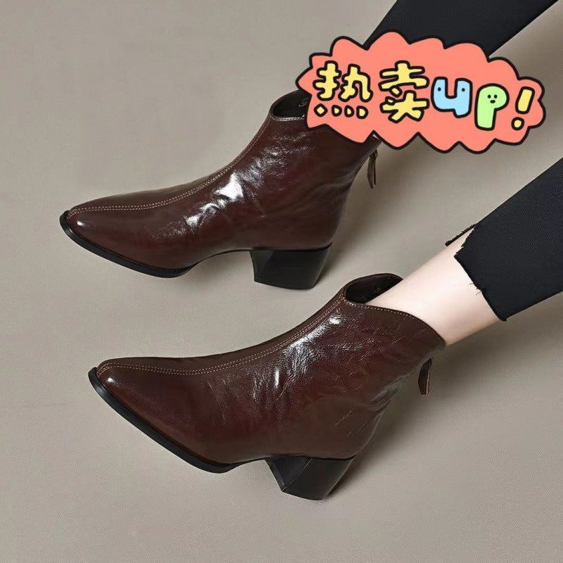 Women's Chunky Temperament Booties Soft Bottom Outdoor Pointed Women's Leather Boots