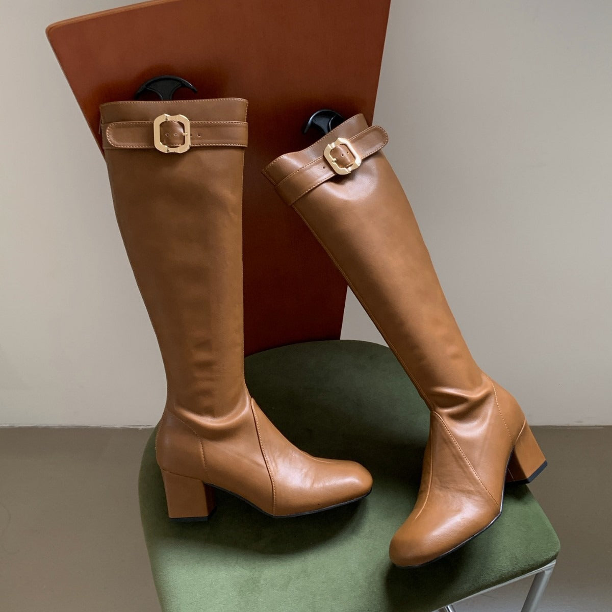 Women's Home Belt Buckle High-heeled Thigh Chunky Square Women's Leather Boots