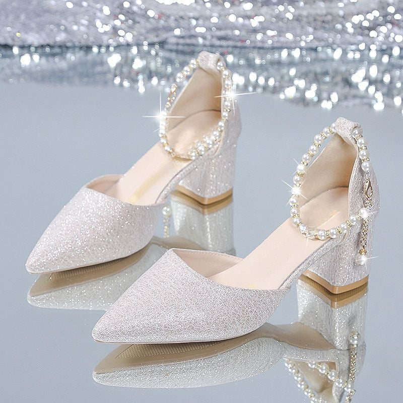 Women's Low Hollow Sequined Dress Adult Ceremony Chunky Party Dinner Casual Shoes